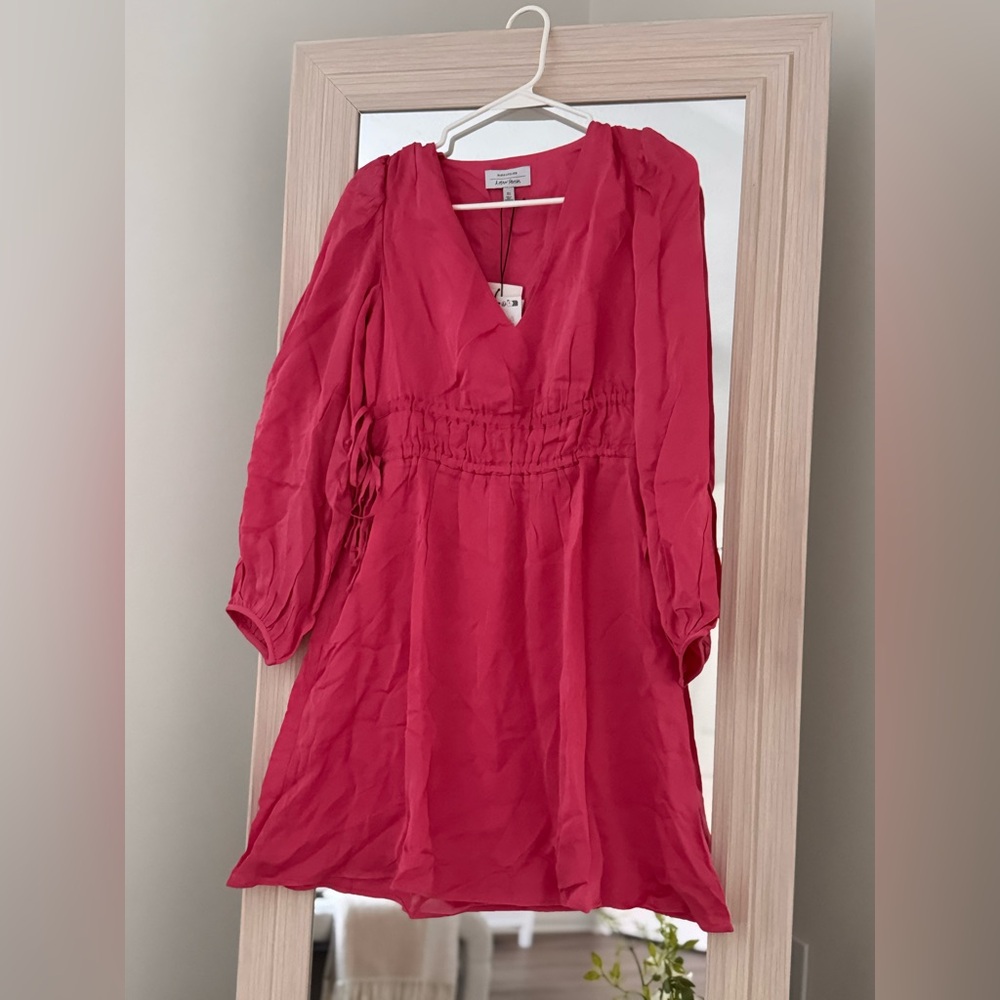 & OTHER STORIES Hot Pink V-Neck Drawstring Waist Mini Dress - Picture 3 of 4